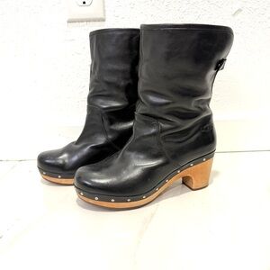 UGG Lynnea Black Leather Clogs with Wooden Heel 7